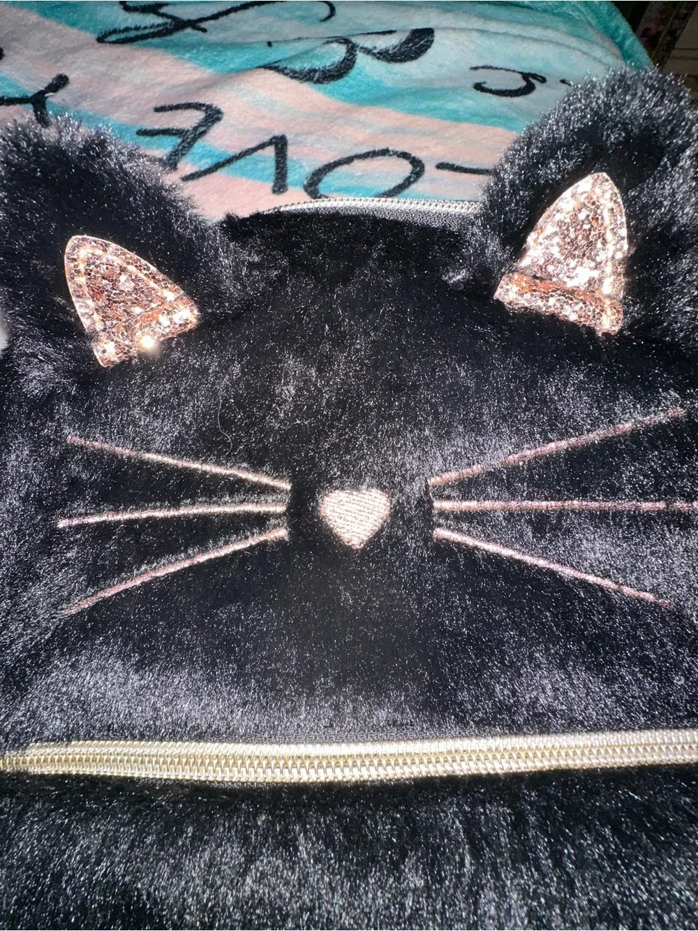 Black Fuzzy Cat Backpack with Glitter Ear Accents